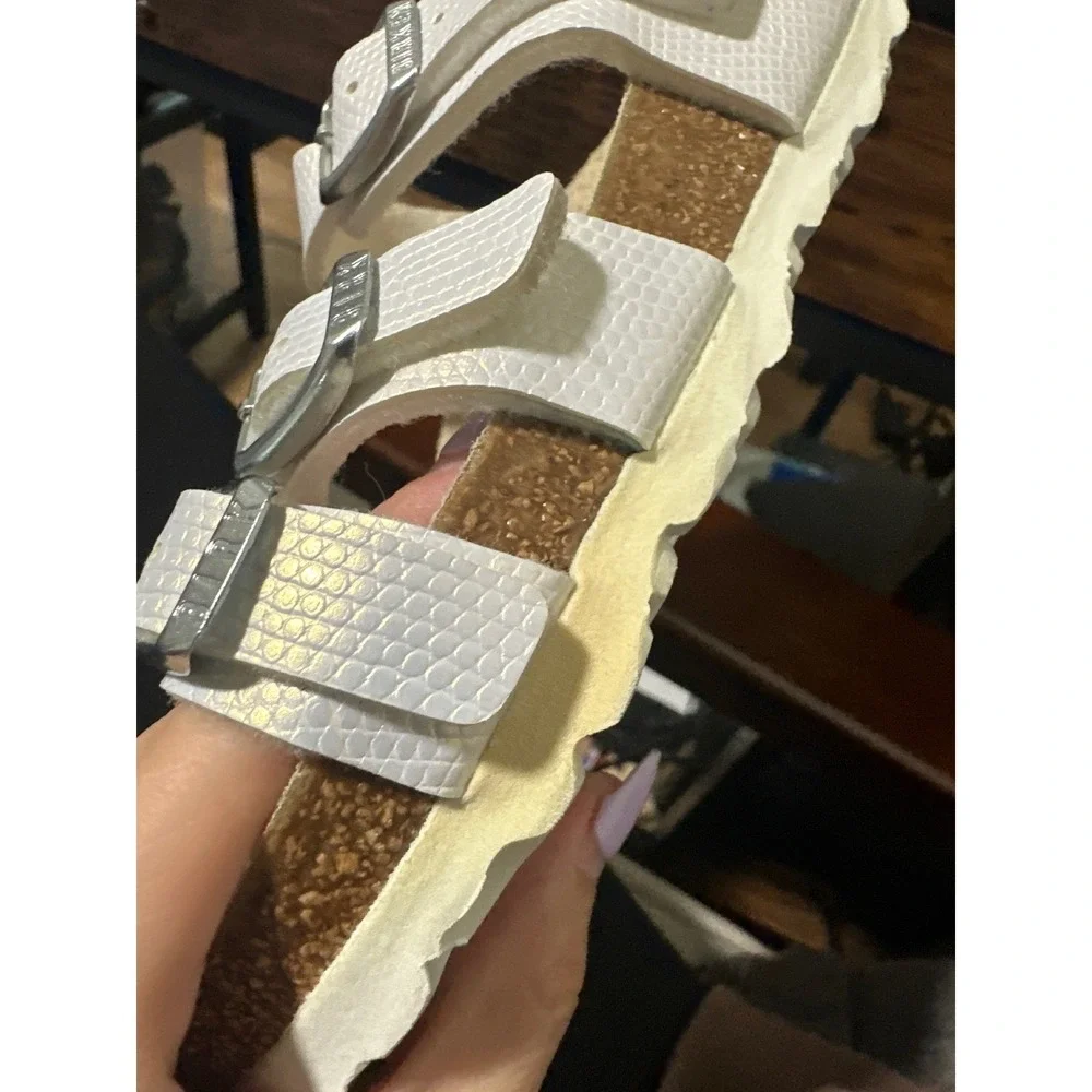 BIRKENSTOCK | Franca Iridescent White Snake Python Embossed Sandals, EU 37